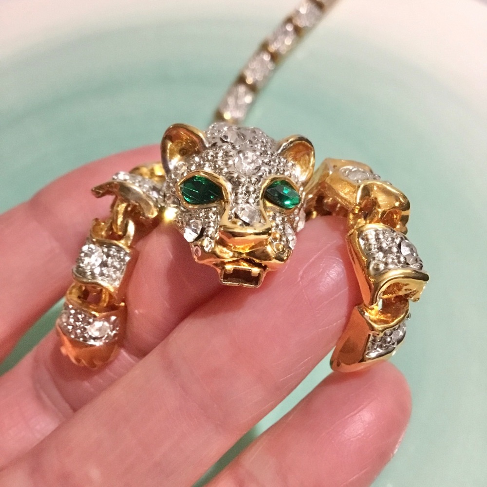 😻Vintage gold silver tone crystal leopard panther bracelet😻